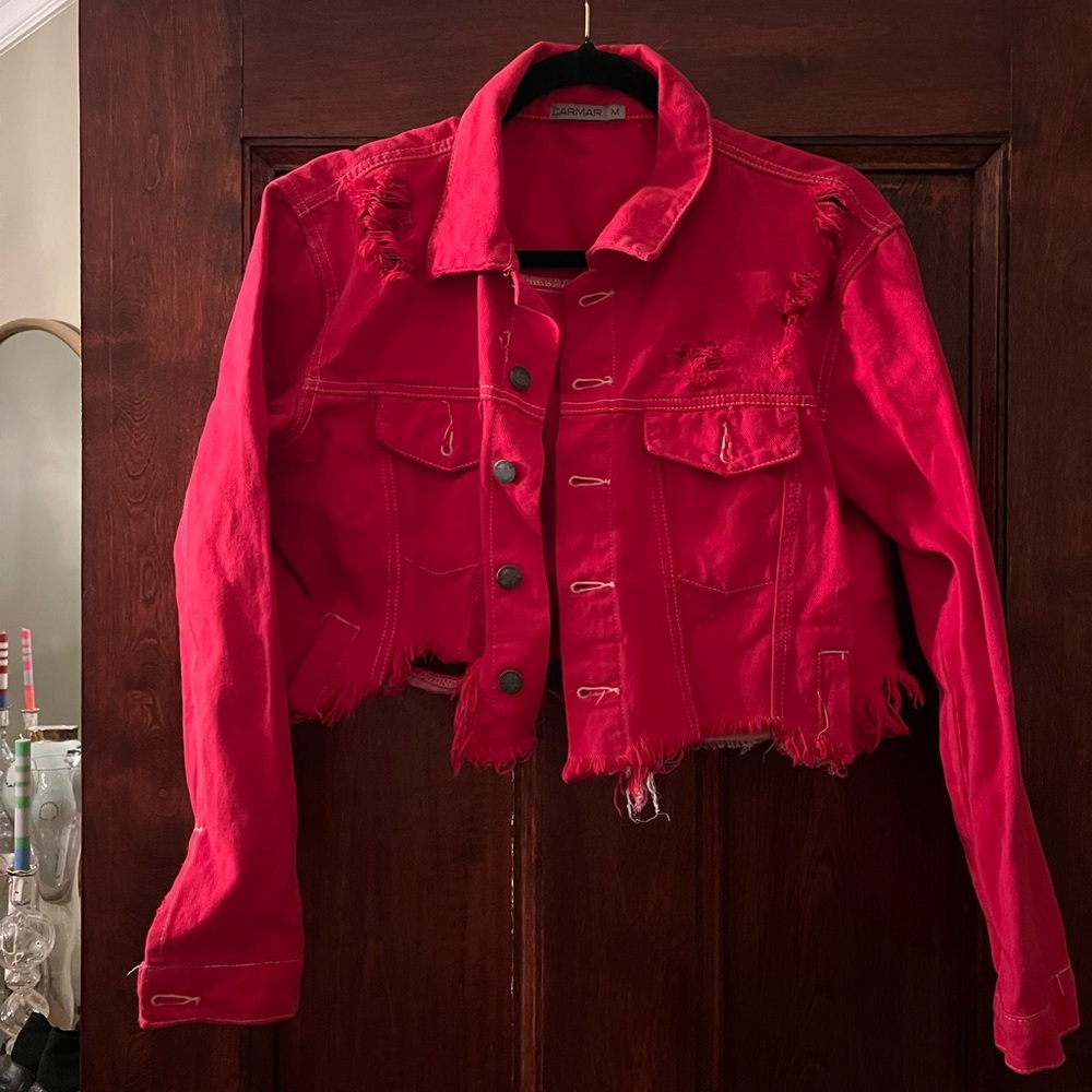 Distressed Red Denim Jacket